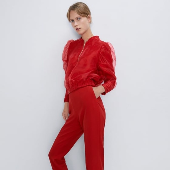 Zara Red Organza Bomber Jacket 